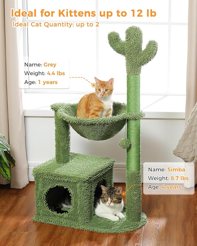 Cactus Cat Tree 40" Cat Tower with Large Metal Carpet Hammock, Cat Scratching Post for Indoor Cats with Condo & Replaceable Toy Ball, Green