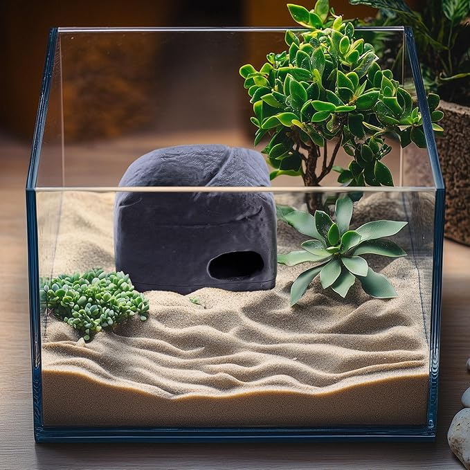 Gecko Cave Reptile Hide - Naturalistic Terrarium Shelter for Geckos, Lizards,Snakes, Bearded Dragons, Tortoises and Other Reptiles - Black