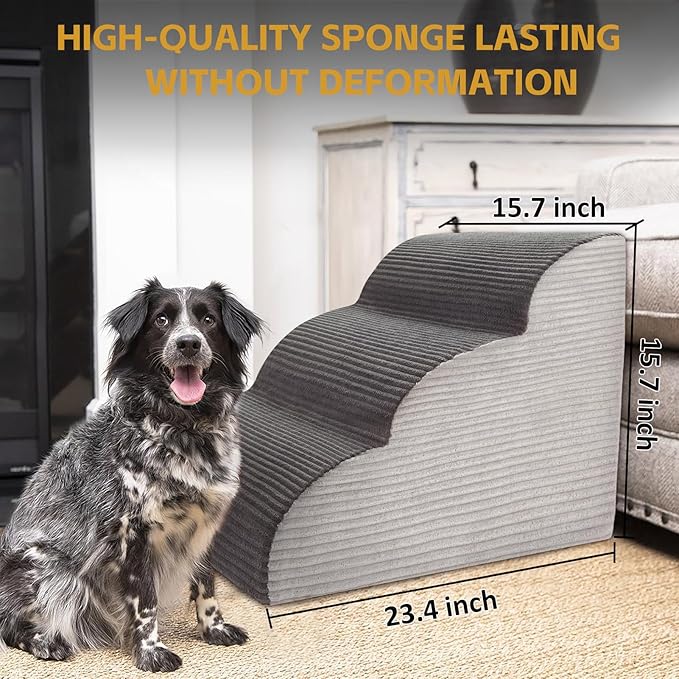 15.7”H Curved Dog Stairs Ramp for Beds Couches, Pet Steps with Durable Non-Slip Washble Fabric Cover, Pet Stairs for Bed Climbing, Dog Steps for Small Dogs and Cats, 3-Tiers(23.4" D x 15.7" W)