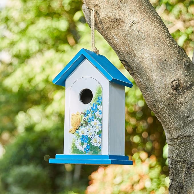 Glitzhome Bird Houses for Outside, 11.75" H Distressed Solid Wood Birdhouses Hummingbird House Daisy with Butterfly Garden Hanging Bird House for Outdoors