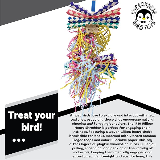 1730 Willow Heart Shredder Bird Toy with Finger Traps, Crinkle Paper and Woven Willow – Handcrafted Great for Parrotlets, Lovebirds, Conures and Budgies, Shredding Fun