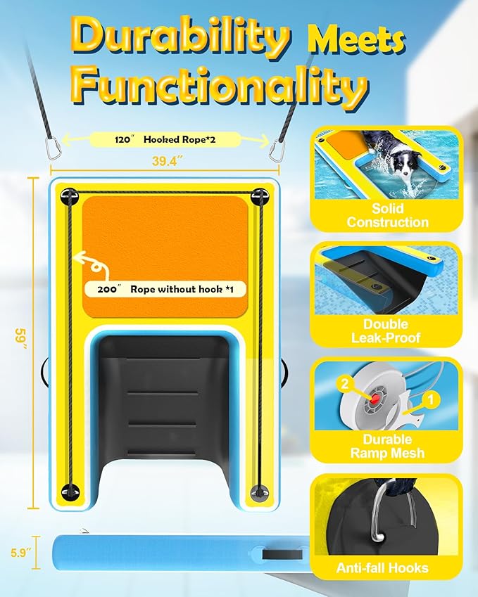 Inflatable Dog Ramp โ 60"x40" Extra Large Boat Ramp for Dogs Up to 240 lbs, Non-Slip Puncture-Resistant Inflatable Dock Floating Platform, Pool Floats Platform for Lakes, Boats, Lake, Trip
