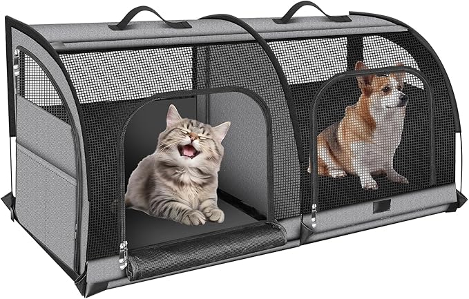 Double Cat Car Travel Carrier, Twin Compartment Show House Cat Cage/Condo,Portable Pet Crate for 2 Cats Travel Double Dog Crate Set for Long Distance Travel