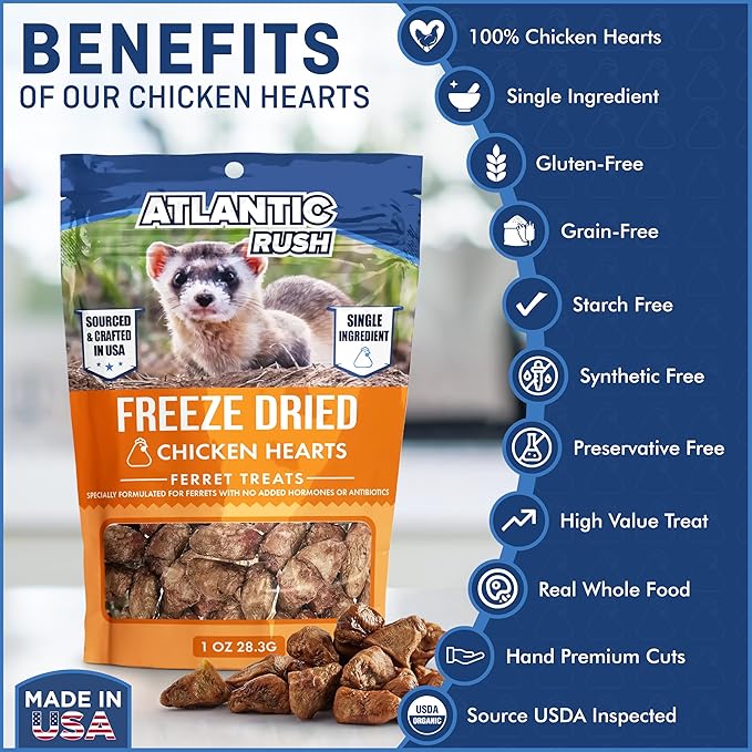 Atlantic Rush Freeze Dried Small Pet Treats - Resealable Bag of Treats for Ferrets - Single Ingredient Ferret Food with No Preservatives Or Fillers- Small Animals Treats (3-1oz, Chicken Heart)