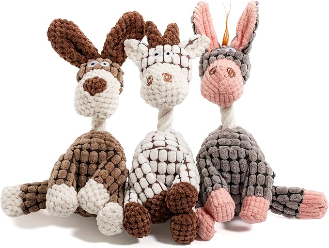 3-Pack Squeaky Plush Dog Toys - Adorable Animal Designs with Soft Cotton Filling, Cute Stuffed Dog Chew Toys for Small, Medium Non-Aggressive Chewing Dogs Chewer (Giraffe&Donkey&Dog)