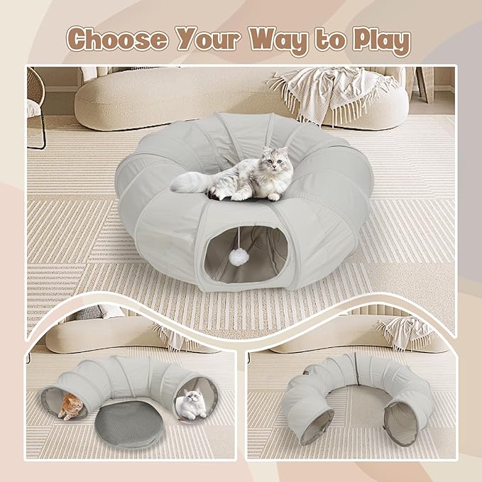 Foldable Cat Tunnel Bed for Indoor Cats, Soft Cave Cat Donut Playing Tunnels with Washable Circle Cushion, Detachable Round Pet Space Capsule Toy with Hanging Ball for Kitten Puppy Rabbit