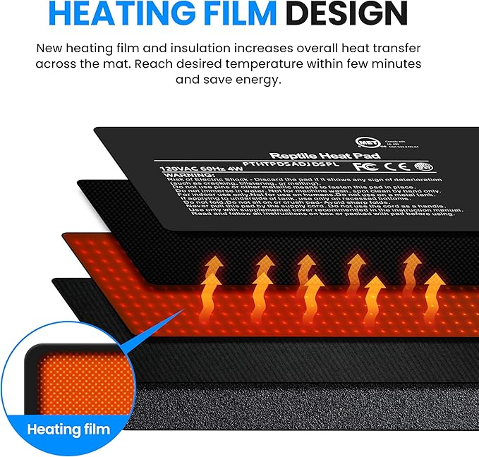Simple Deluxe 4X7 Inch 4W Reptile Heating Pad with Adjustable Thermostat Under Tank Terrarium Heating Mat for Turtles, Lizards, Frogs, and Other Reptiles