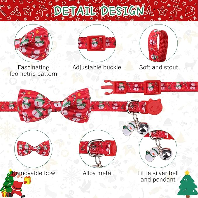SCENEREAL Christmas Cat Collar Breakaway with Bell and Bowtie, 3 Pack Adjustable Cute Kitten Collars with Snowman, Gingerbread Man, Xmas Tree Pattern,Pet Collars for Girl Boy