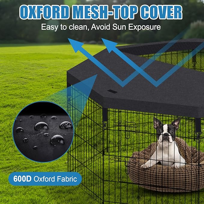 Foldable Metal Wire Dog Pen Pet Playpen Dog Fence Indoor Exercise Pen Enclosure Indoor Outdoor with Bottom Pad and Top Cover (Black 24 top Bottom Cover)