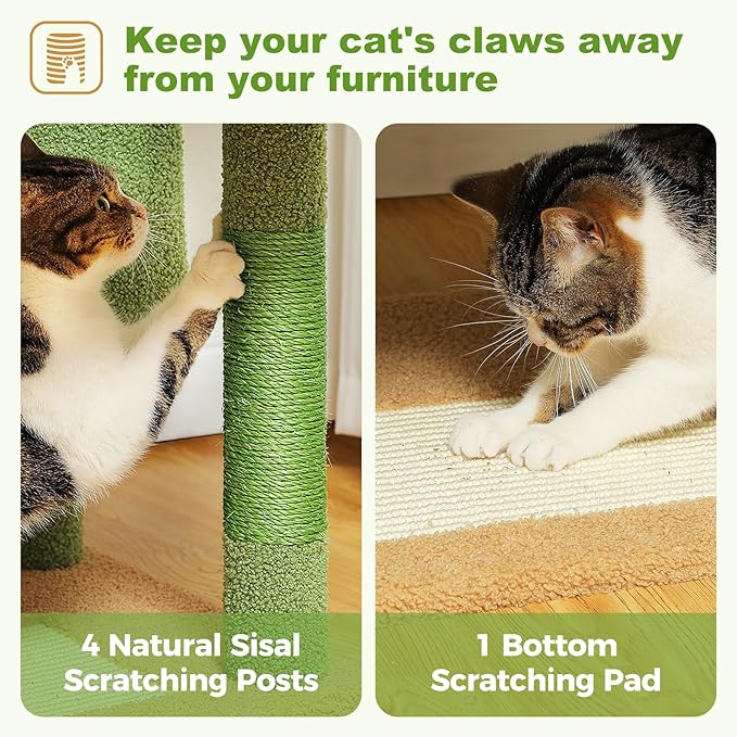 PAWZ Road Cactus Cat Tree Tower 62 Inches Cat Tree with 2 Condos,2 Large Perch,4 Scratching Posts & 1 Scratching Board, and 2 Hanging Balls for Indoor Cats