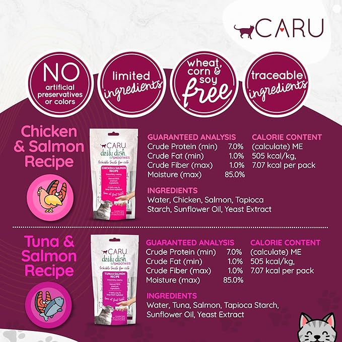 Caru - Daily Dish Smoothies - Lickable Chicken & Salmon Cat Treat - 4 Pouches per Pack - Pack of 12