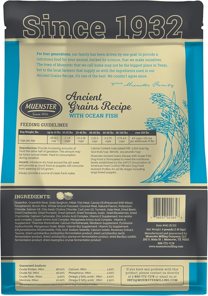 Muenster Ancient Grains Ocean Fish Dry Dog Food, 12lb (Pack of 3) - Gluten-Free, High Protein, Digestive Support