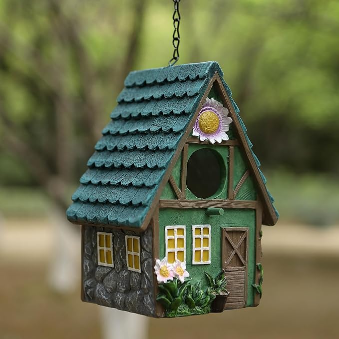 Green Resin Bird House with Slanted Roof, 1.5" Entry Hole Weatherproof Outdoor Decor for Cardinals Finches, Rustic Bird Sanctuary for Backyard Patio Garden