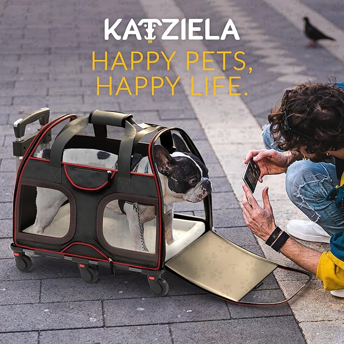Katziela Luxury Rider Pet Carrier – Airline Compliant & TSA Approved Soft-Sided Travel Bag with Removable Base & 6 Wheels for Small Dogs & Cats – Black/Red