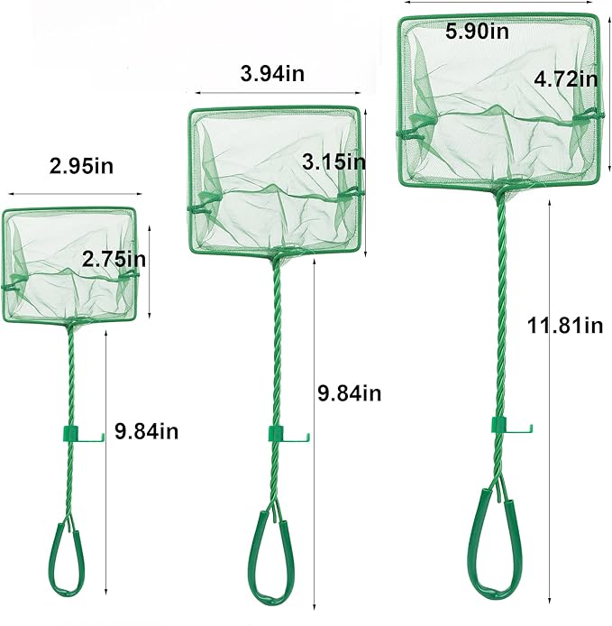 3PCS Aquarium Fish Net Fine Mesh Net Quick Catch Nets Nylon Fishing Nets with Long Plastic Handle for Fish Tank, Green, 3in 4in 6in