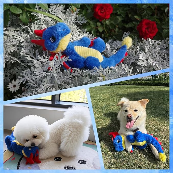 Original Blue Dinosaur Plush Dog Toy, Cute Dog Squeak Toys, Soft Stuffed Animals for Small Medium Large Dogs, Puppy Toys and Surprising Dog Birthday Gifts