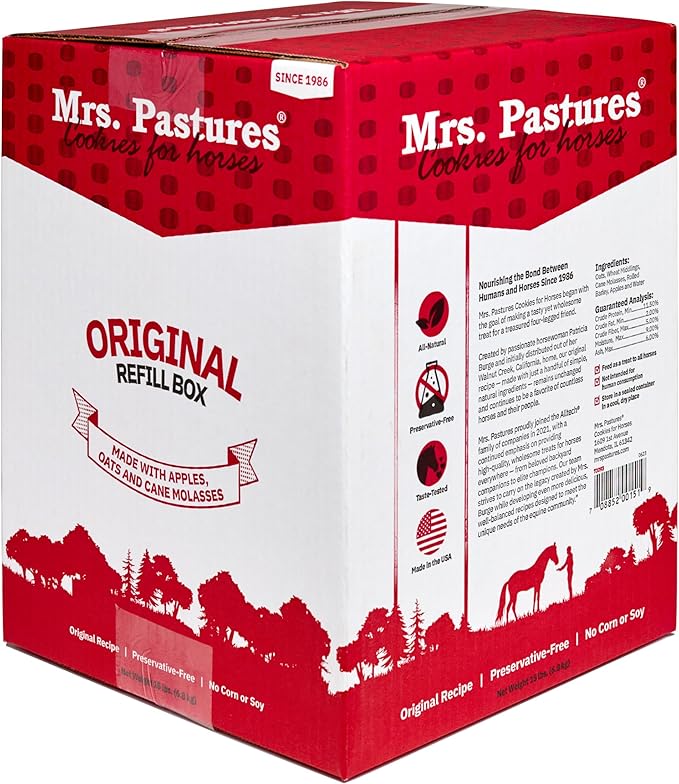 Mrs Pastures Cookies and Treats for Horses - Premium Horse Treats - Made with Apples, Oats, and Rolled Barley - Preservative Free - All Natural Ingredients - No Corn or Soy (15lb Refill Box)