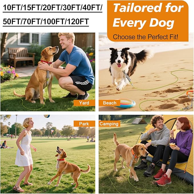 Tresbro 40 FT Dog Tie Out Cable with Spring, Shock Absorbing Tether Chains for Outside Aavilable in 10/15/20/25/30/40/50/70/100/120 FT, Heavy Duty Leads for Yard for Medium & Large Dogs Up to 500 LBS
