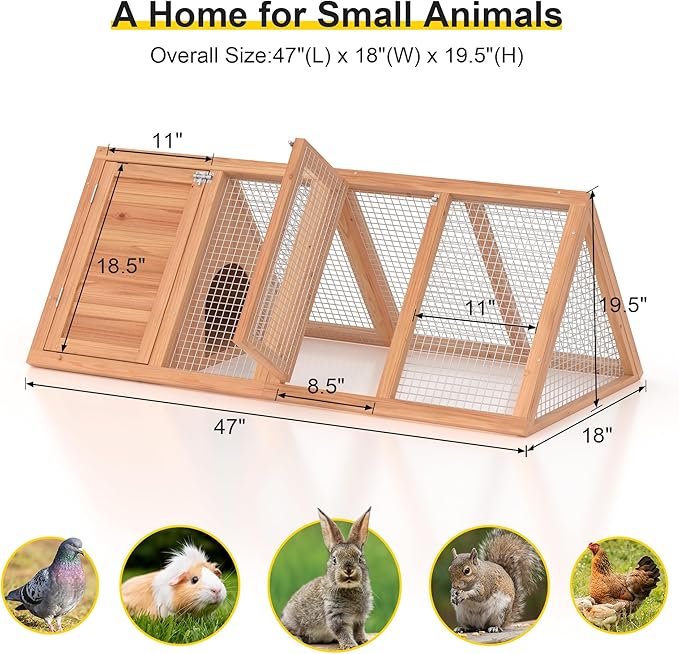 Rabbit Hutch, Small Chicken Coop Outdoor A-Frame Quail Cage with 2 Door & Run Cage Wooden Triangle Quail Hutch with Ventilating Wire Poultry Hutch for Small Animal (Wood)