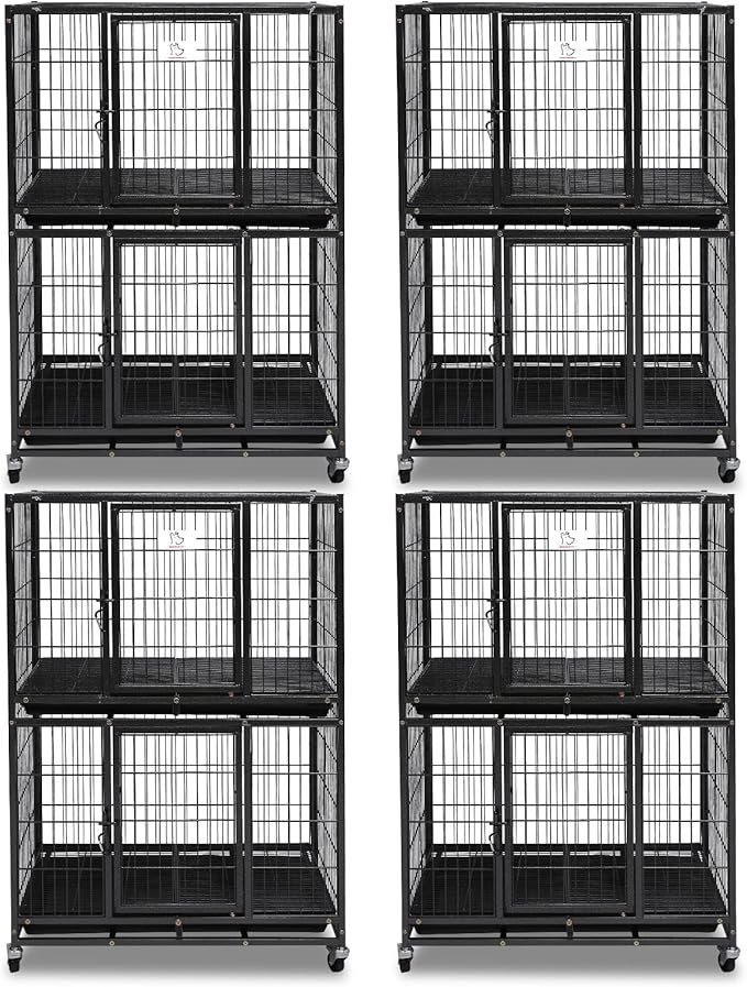 Homey Pet Four Packs 31 Inch Stackable Heavy Duty Dog Crate Cage Kennel with Four Lockable Wheels, Removable Tray, Escape Proof Wire Drop Dog Crates for Small Dogs (Two Tiers)