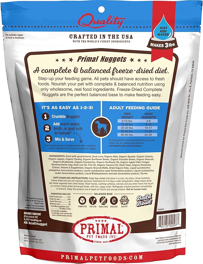 Primal Freeze Dried Raw Dog Food Nuggets, Duck, Complete & Balanced Meal, Also Use as Topper or Treat, Premium, Healthy, Grain Free, High Protein Raw Dog Food, 14 oz