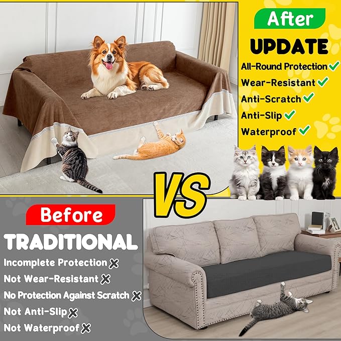 Loiion Cat Scratch Furniture Protector - Anti-Slip, Waterproof Sofa Cover to Keep Cats Off, Pet-Friendly Couch Protectors for 3 Cushion Couch, Anti-Scratch Couch Cover for Pets and Kids 118"X91"Brown