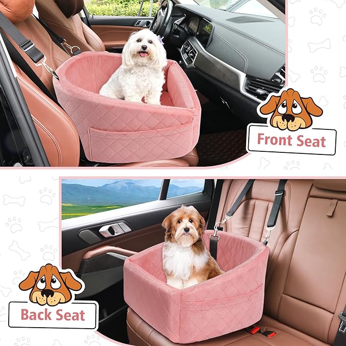 Dog Car Seat for Small Medium Dogs,Detachable Washable Dog Booster Seat Under 30lbs, Pet Car Seats Travel Bed with Storage Pockets and Safety Belt(Pink)