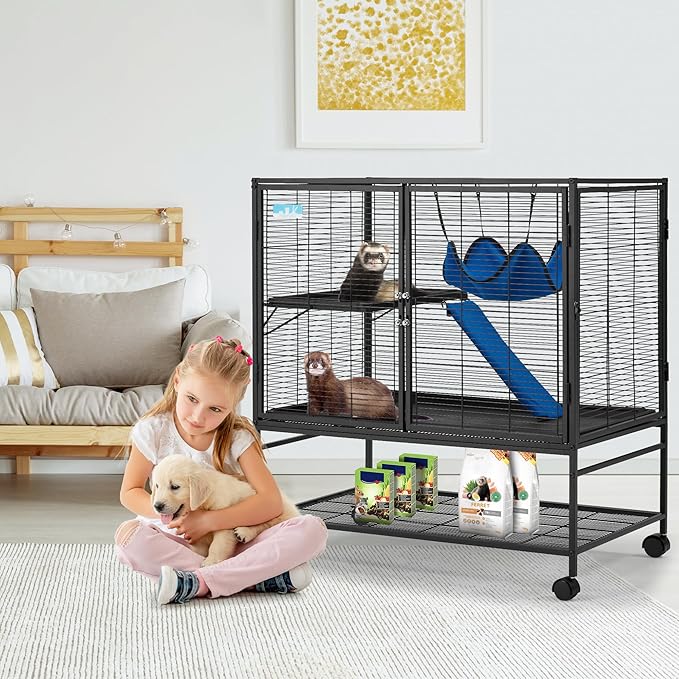 HABUTWAY 40''H Large Metal Rolling Ferrets Cage, 2-Tiers Small Animal Cages, Cage for Rats/Chinchillas, 0.5'' Bar Spacing for Ferret,Small Animal Cage w/Removable Ramp & Platform