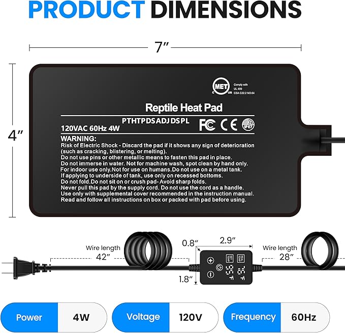 Simple Deluxe 4X7 Inch 4W Reptile Heating Pad with Adjustable Thermostat Under Tank Terrarium Heating Mat for Turtles, Lizards, Frogs, and Other Reptiles