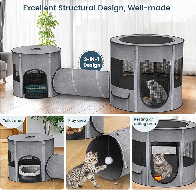 Portable Cat Playpen with Tunnel, 3 in 1 Foldable Puppy Play Pen, Waterproof Bottom, Enclosed 2-Room Separable Pet Tent for Indoor/Outdoor, Multi-Purpose Enclosure Crate Cage for Kitten Dog Rabbit