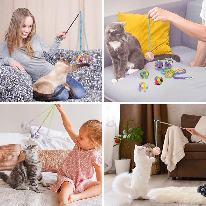Retro Shaw Cat Toys Balls, 6Pcs Yarn Cat Ball with Bell Inside, Interactive Kitten Toys for Indoor Cats Kitty Chew Playing, Colorful Soft Fuzzy Jingle Kitten Ball with String