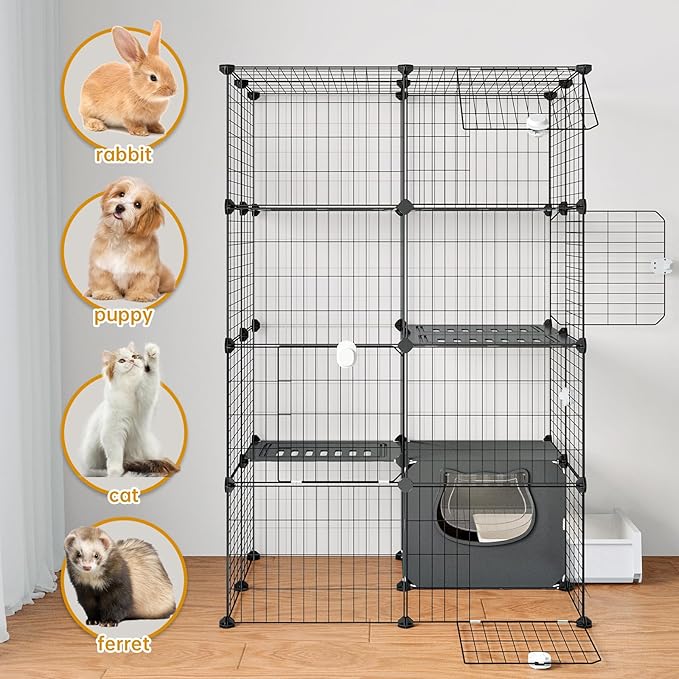 Oneluck Cat Cage with Litter Box,4-Tiers DIY Enclosures Large Playpen Detachable Metal Wire Kennel Indoor Crate Large Exercise Place Ideal for 1-2 Cat (35" L x 28" W x 55" H)