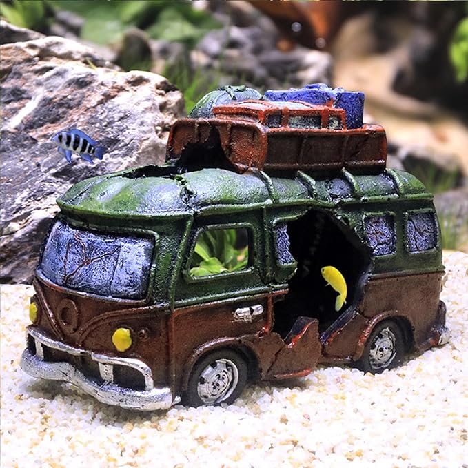 Car Wreckage Aquarium Ornament Car Wreckage for Fish Tank Underwater Landscape Decoration Hiding Cave Hideouts House Plants Supplies Accessories – Small(Green)