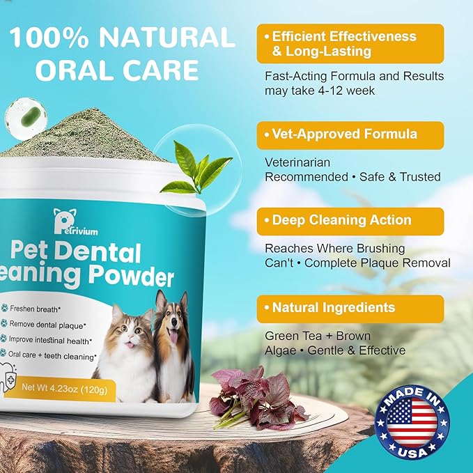 Dog Teeth Cleaning Powder, Dog Dental Powder for Teeth Cleaning and Dog Breath Fresh, Bad Breath Fresher & Tartar Remover with Enzyme, Probiotics. Plaque Off Pet Tooth Cleaning 120 Grams 60 Servings