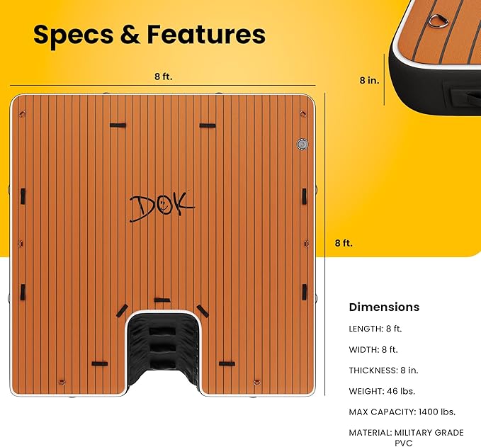 DOK Party-DOK Inflatable Dock Platform: Safe & Easy Water Access; Floating Non-Slip EVA Foam with Water Ramp for Pool, Dock, & Lake | Military Grade & High Visibility (8'x8')