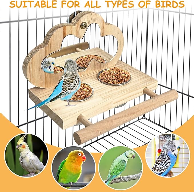 Tfwadmx Bird Parrot Wooden Feeding Cups, Small Bird Feeding Dish Cups Stainless Steel Birds Bowls Food Water Bowls with Food Holder for Cockatiel Parakeet Macaw Finches Lovebirds