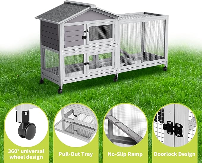 Rabbit Hutch with Ramp & Waterproof Roof, Bunny Cage for Indoor/Outdoor, 2-Story Design, Rabbit Cage with 6 Lockable Caster Wheels & Three Pull-Out Trays (Grey)