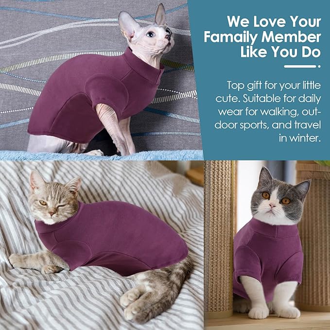 SUNFURA Turtleneck Sweater for Cat, Sphynx Cats Shirt Hairless Cat Sweaters with Sleeves, Warm and Soft Kitten Pullover Fleece Winter Pajamas Jumpsuit for Puppy Cats, Purple S