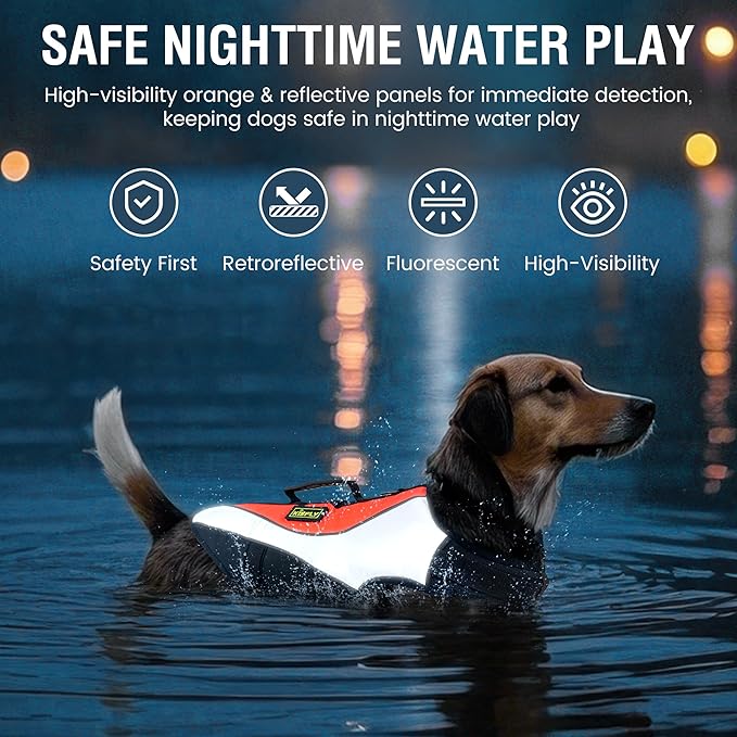 Heavy-Duty Reflective Dog Life Vest for Swimming - Adjustable Dog Flotation Vest with Rescue Handle, Pool & Beach PFD Life Jacket for Large Dogs (XXXL, Orange)