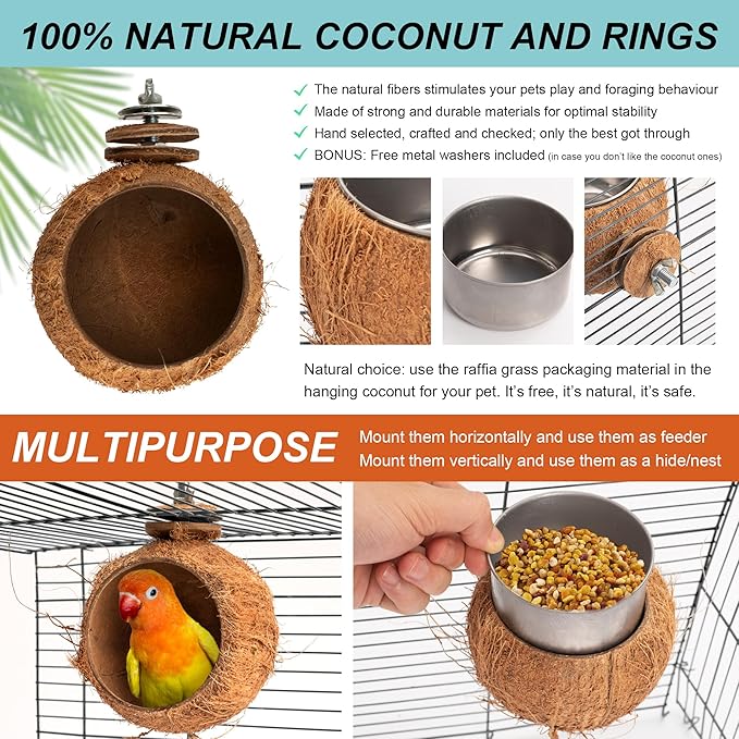 Premium Coconut Bird Food and Water Bowl Set - Removable Stainless Steel Cage Bowls with Clamp - Food & Water Feeder Coop - Cup for Cockatiel Parakeet Macaw Finches Lovebirds Small Animals (2 Pack)