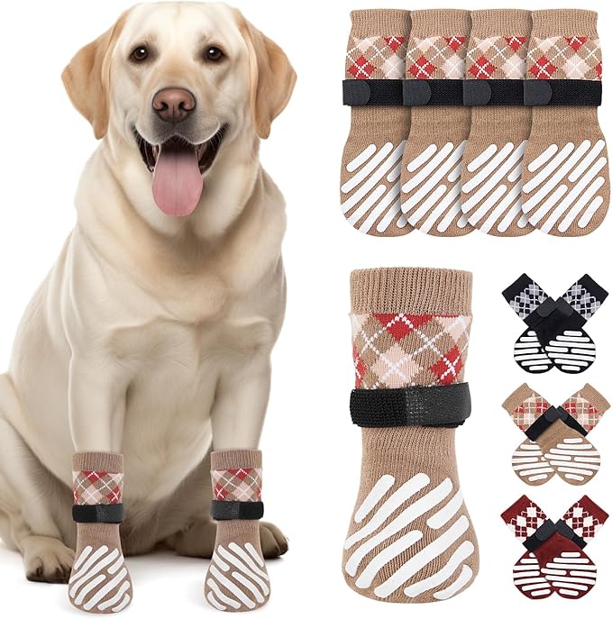 LOOBANI Dog Socks to Prevent Licking Paws - Dog Socks for Hardwood Floors Anti Slip for Traction Control - Dog Grippy Socks for Senior Dog Small Medium Large Dogs on Tile Floors, Caramel XS