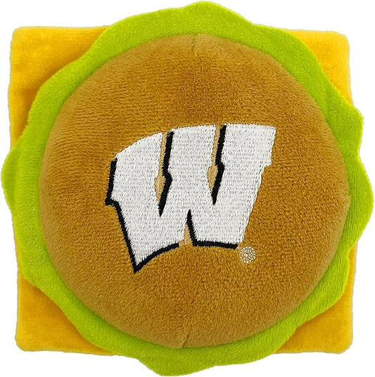 NCAA Wisconsin Badgers Cheeseburger Plush Dog & CAT Squeak Toy- Cutest Stadium Hamburger Snack Plush Toy for Dogs & Cats with Inner Squeaker & Beautiful Football/Basketball Team Name/Logo