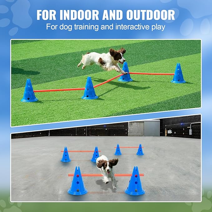 VEVOR 6 Sets Dog Agility Hurdle Cone Set, 12 Agility Cones 6 Agility Rods 2 Rod Buckles, Dog Agility Course Backyard Set Puppy Obstacle Course Jump with Storage Bag, Pet Outdoor Games