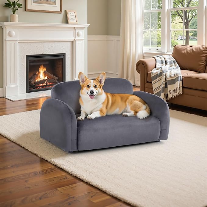 Lovupet Dog Couch with Rounded Corner Design and Anti-Slip Feet, Modern Pet Sofa for Small Medium Dogs, 5967 (Grey)