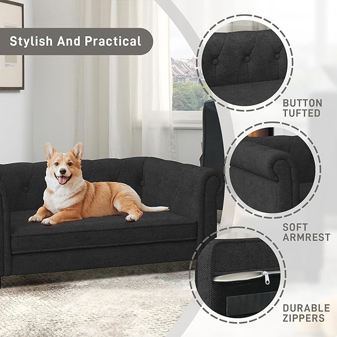 Dog Sofa Couch for Medium to Large Dogs, Memory Foam Pet Sofa Couch with Washable Fabric, Durable Elevated Dog Bed with Legs, Removable Cushion for Medium and Large Dogs, Black