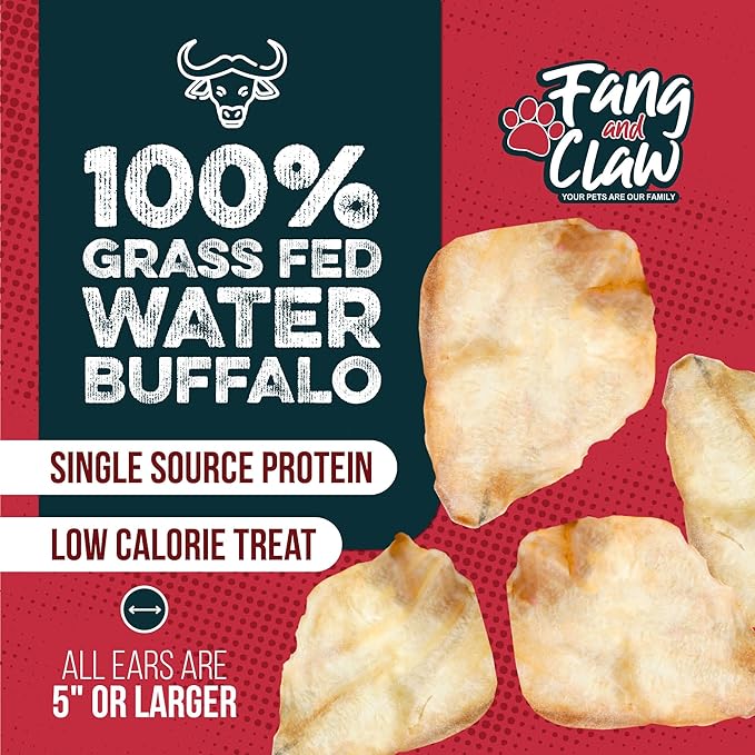 Fang & Claw Water Buffalo Ears for Dogs (50 Pack) - Free Range Grass Fed Low Calorie All Natural Dog Chews - Healthy Dental Chew Bone Alternative - No Rawhide Dog Chews - Long Lasting Natural Treats