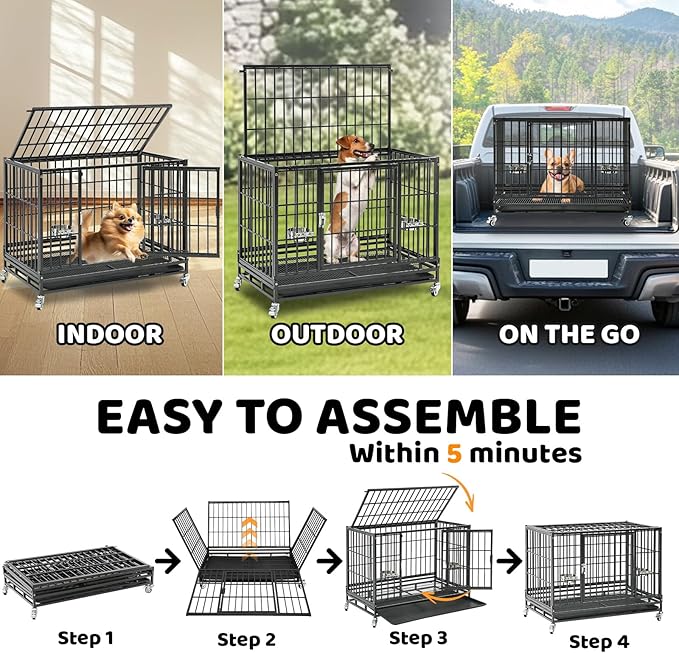 Homey Pet 37 inch Stackable Heavy Duty Dog Crate, Indestructible Escape Proof Dogs Cage Kennel with Lockable Wheels, Removable Tray & Metal Grid, Double Doors for High Anxiety Medium/Small Dogs