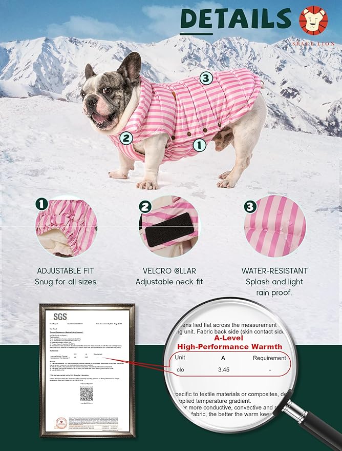 SPACE LION Puffer Jacket, Down Winter Coat, Waterproof, Windproof, Lightweight Jacket, Adjustable Fit for Small Dogs(Pink,S)