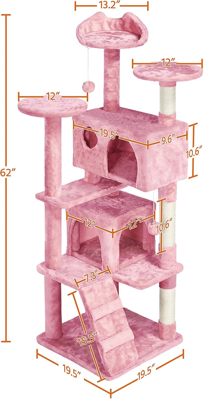 Yaheetech 62in Cat Tree Tower for Indoor Cats, Furniture w/Double Condo, Scratching Posts, Multiple Platforms and Balls for Kittens, Pink
