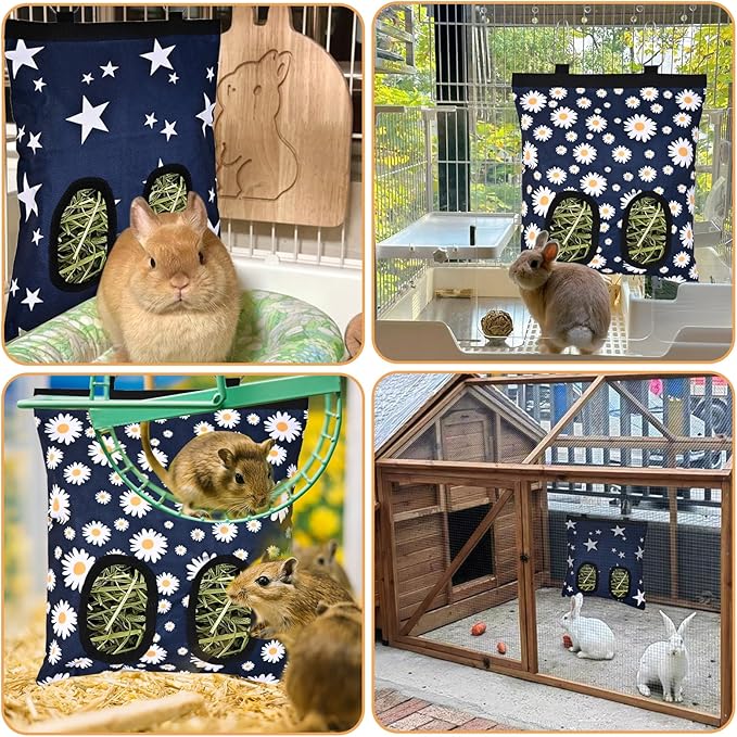 Upgraded Rabbits Hay Feeder Bag for Bunny, Guinea Pigs, Chinchillas - Hanging Washable 2-Hole Hay Dispenser with 600D Oxford Fabric, Small Animal Cage Accessories (Star+Daisy)